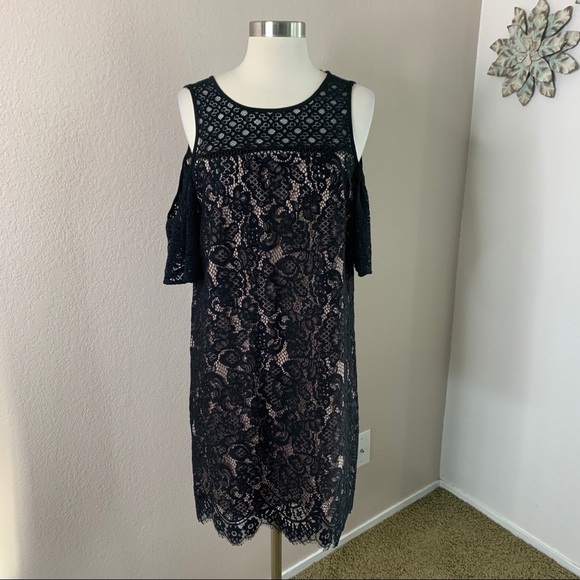 LOFT Lace Cold Shoulder Crew Neckline Dress Size 4 - Picture 2 of 14